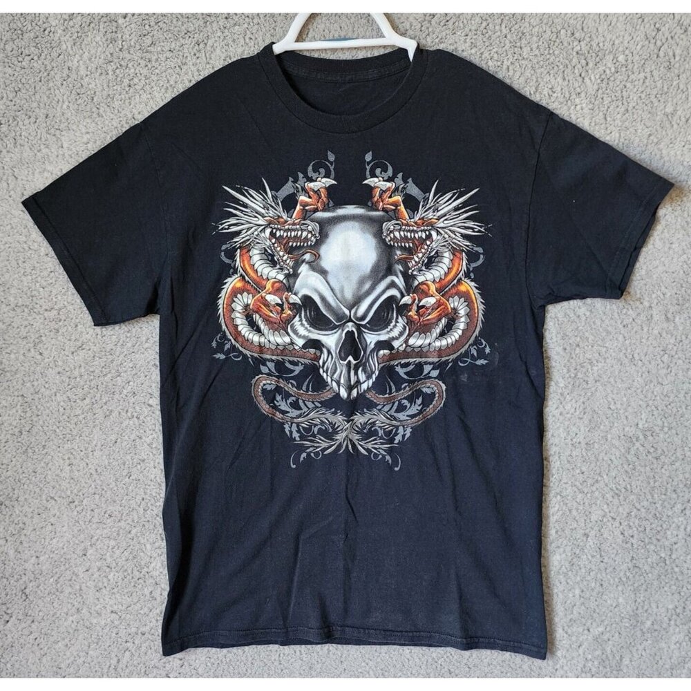 Unbranded Y2K Double Dragons‎ Skull Tattoo Graphic Black T Shirt Size M